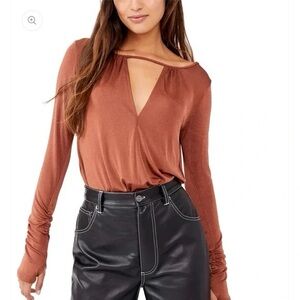 NWT Free People Intimately Kaya Bodysuit Size XS Mesa Rust Brown Keyhole Neck